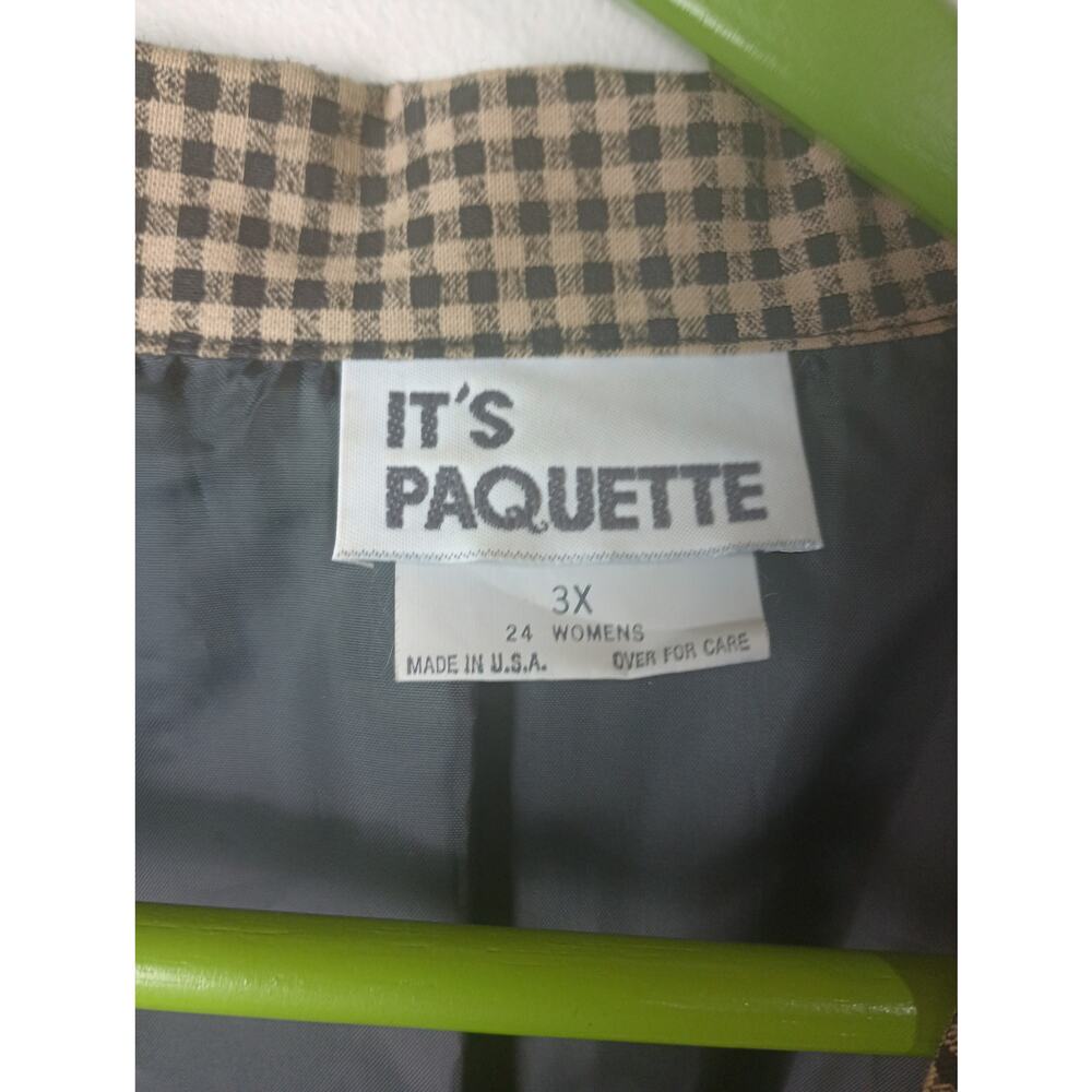 Vtg It's Paquette Women's Blazer Plaid Black tan Open Front Shoulder pads 3X USA - Picture 2 of 5